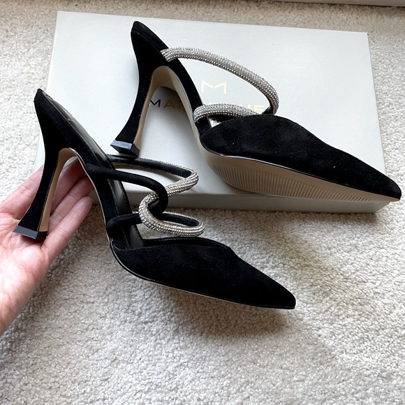 NWT Marc Fisher Black Suede Mules w/ Glam Straps, Sz 7.5 on Box (Fits Like a 7) - Picture 4 of 9
